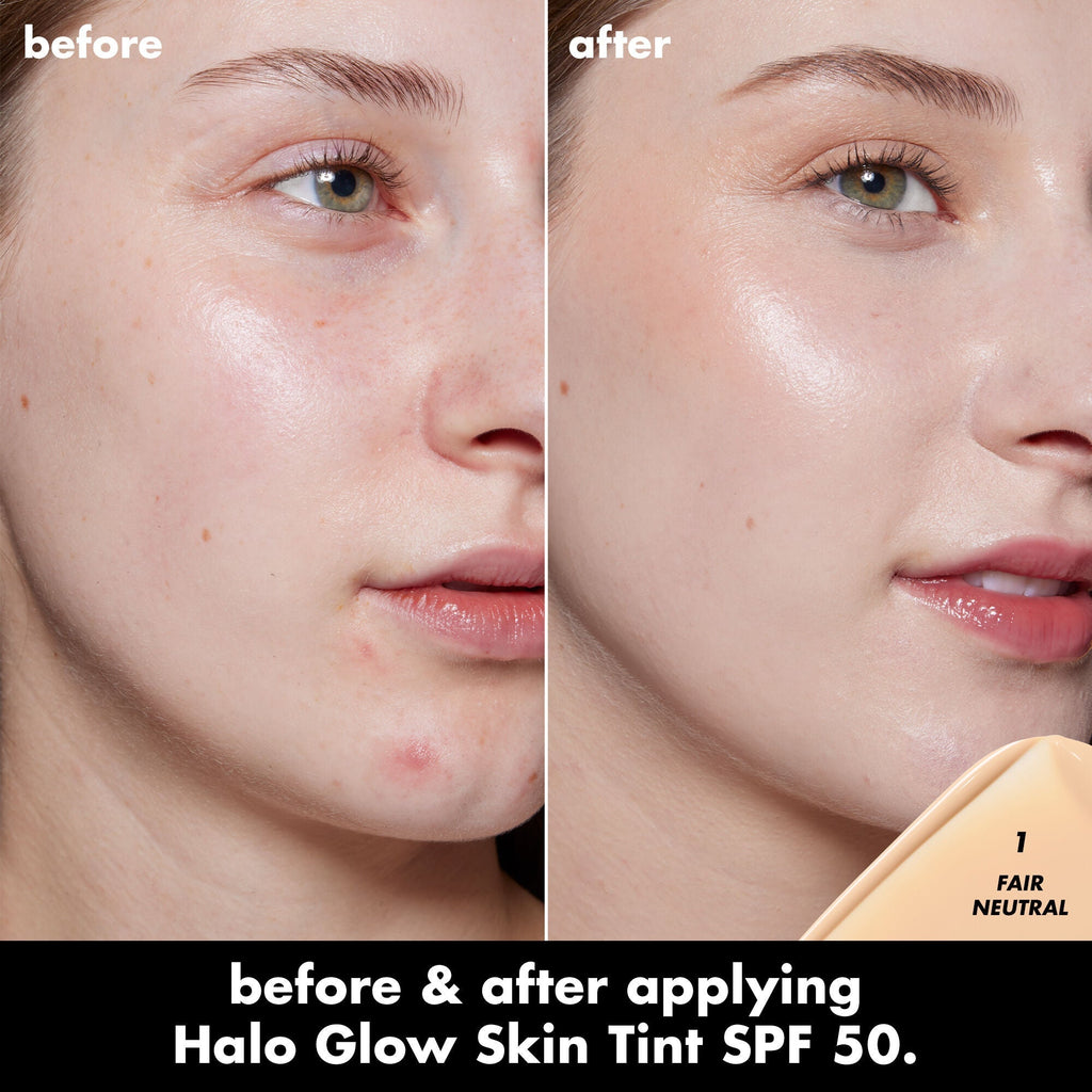 Before and After Applying Halo Glow Skin Tint SPF 40 in 1 Fair Neutral